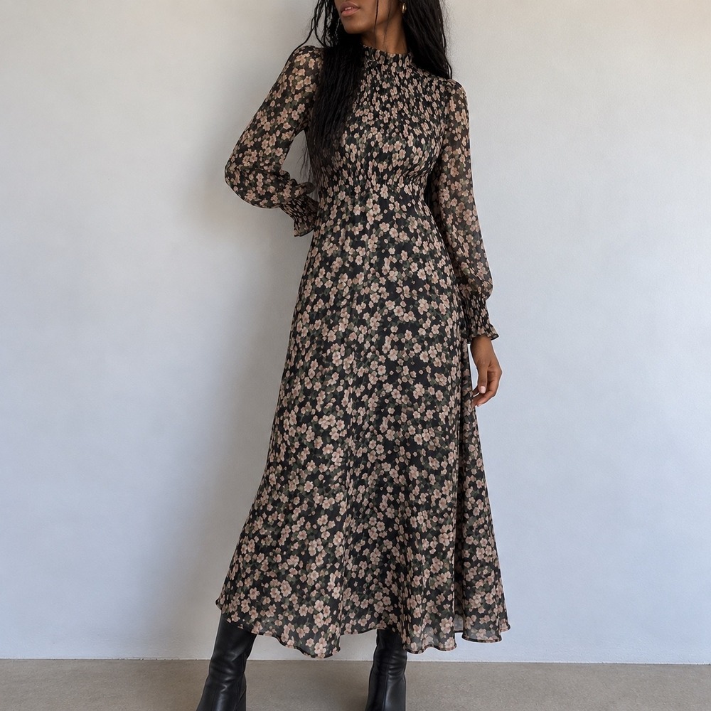 KITRI Black Ditsy Floral Maxi Dress Size 2 Romantic Prairie Dark Cottagecore